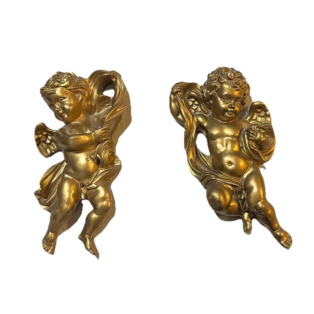 Vintage Pair 11" Rococo Bronze Cherub Angel Wall Sculptures Hollywood Regency